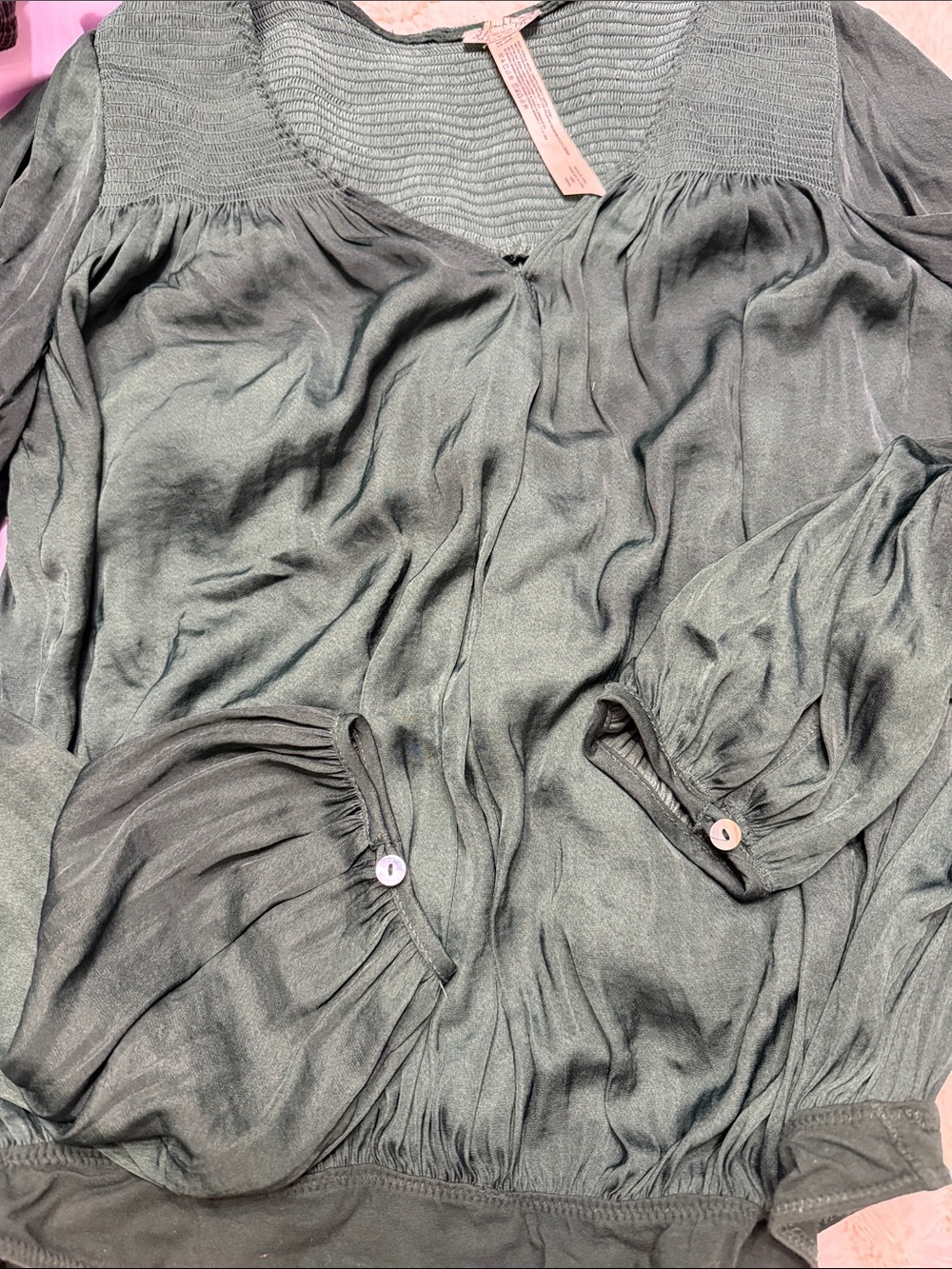 Free People Dark Green Long Sleeve Smocked Yoke Bodysuit